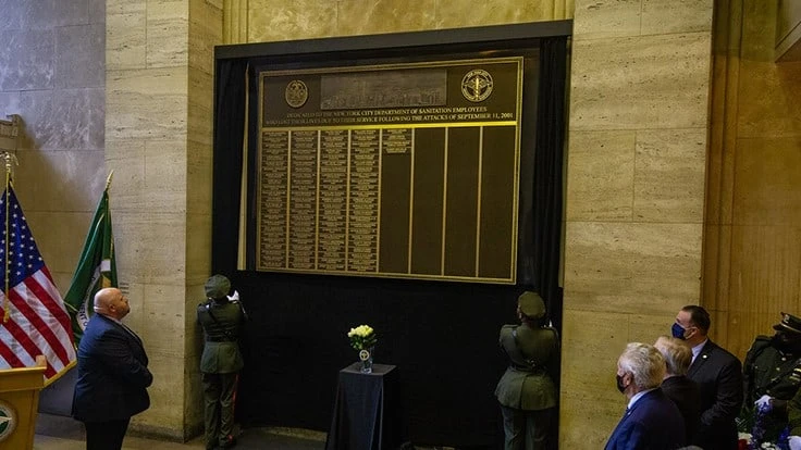 A permanent memorial plaque for victims has been displayed in the lobby of DSNY headquarters.
