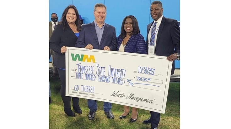From left: Jennifer McKay, Senior Communications Specialist, Mid-South, WM; Don Gentilcore, Mid-South Area Director of Disposal Operations, WM; Dr. Glenda Glover, President, TSU; and Jamie Isabel, Associate Vice President of Institutional Advancement, TSU