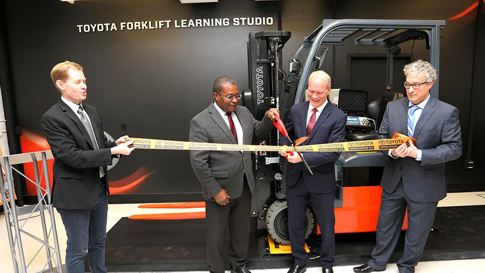 Representatives from Toyota Material Handling and Cornell University’s College of Engineering officially dedicate the new Toyota Forklift Learning Studio. Pictured, left to right, are David Erickson, S.C. Thomas Sze director at Cornell’s Sibley School of Mechanical and Aerospace Engineering; Lynden Archer, the Joseph Silbert dean of engineering at Cornell; Brett Wood, president and CEO of Toyota Material Handling North America; and Brian Kirby, Associate Director of Undergraduate Affairs for the engineering school.