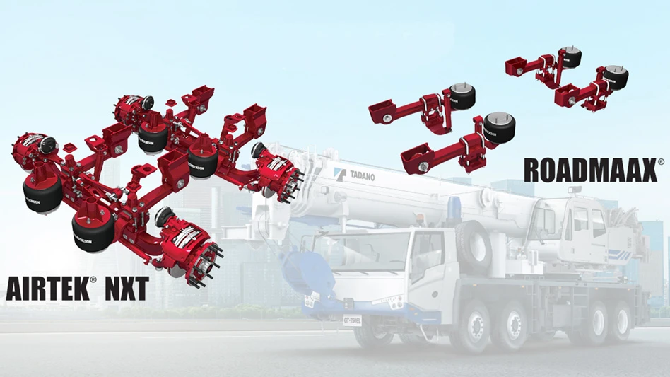 graphic of Hendrickson's AIRTEK NXT and ROADMAAX with a Tadano truck in the background