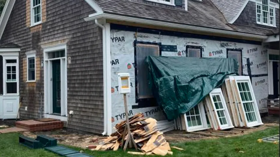 construction materials leaned against a Martha's Vineyard home