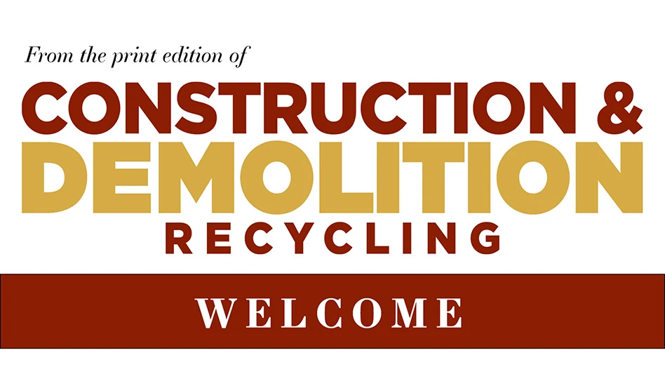 Construction and demolition recycling logo with word welcome below it
