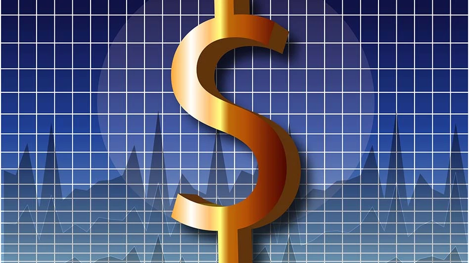 a golden dollar sign on a blue checkered background with a chart in the background showing volatility