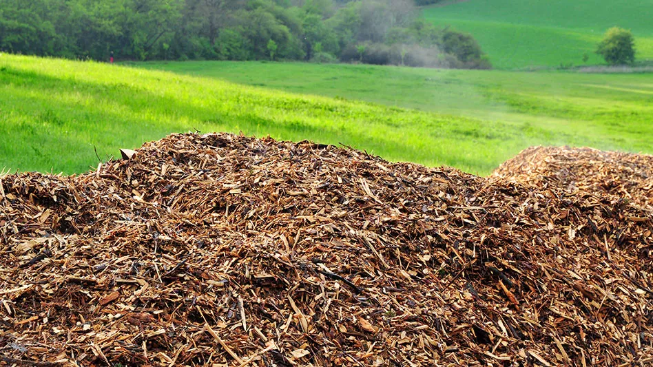biomass pile in front of green field